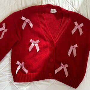 Luna + Ivy Red Cardigan with Pink Bows